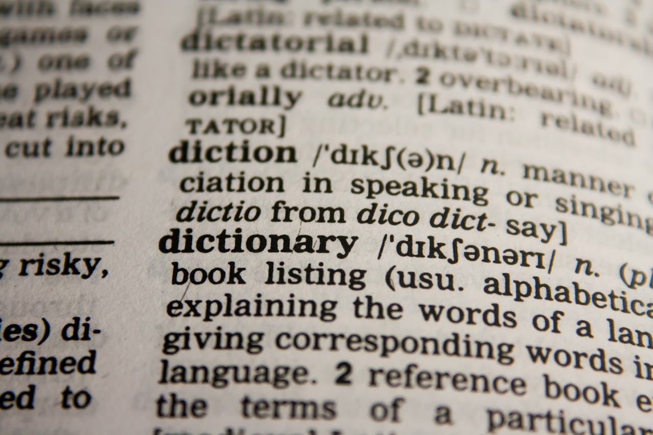 Home Detailed close-up view of a dictionary page highlighting the word 'dictionary' and its definition.